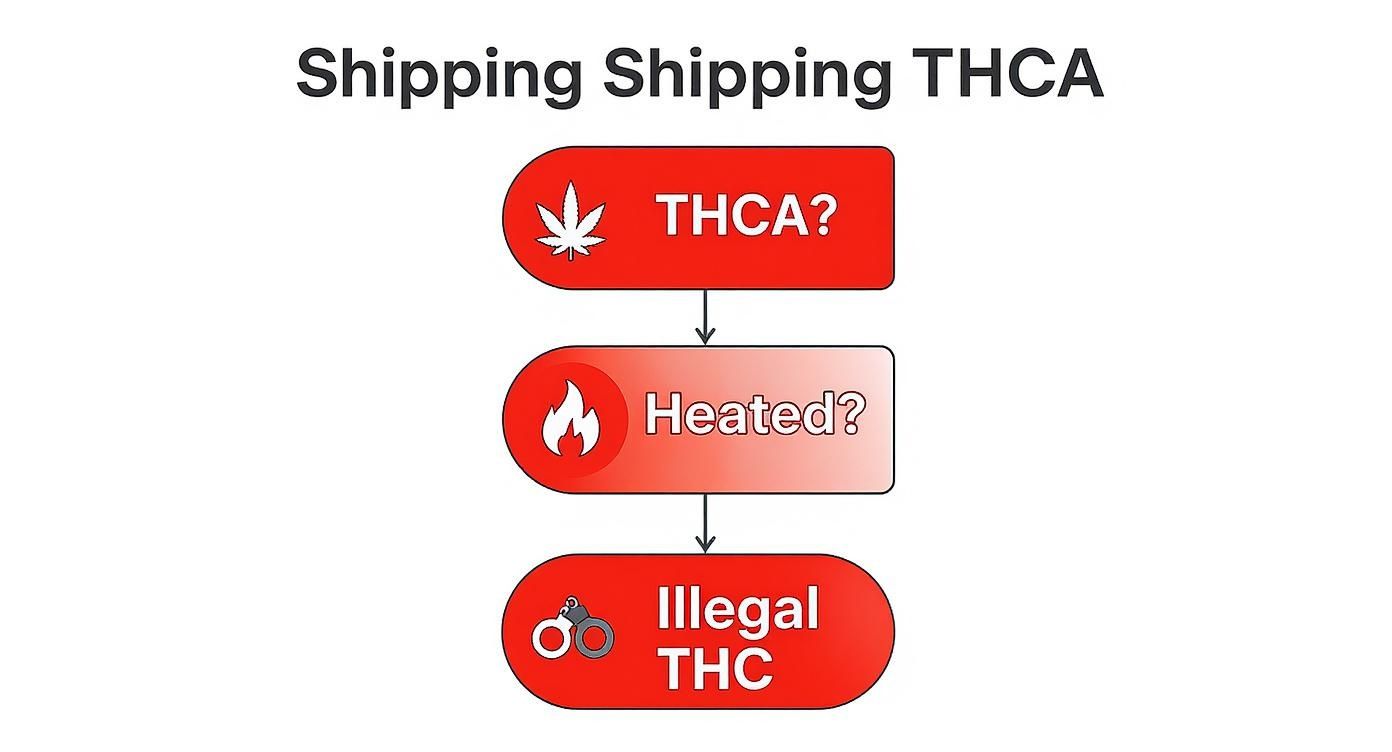 An infographic decision tree showing that THCA, when heated, becomes illegal THC, symbolized by handcuffs.