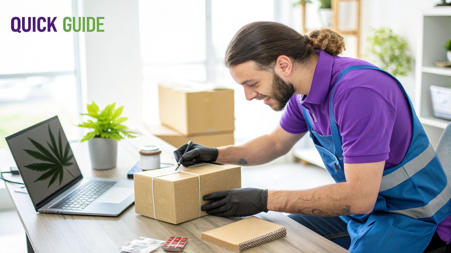 A shipping box with hemp leaves and a Texas state outline, illustrating the concept of shipping cannabinoids to Texas.