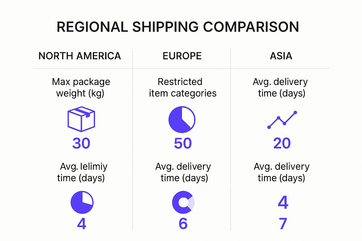 Infographic comparing shipping metrics like weight limits and restricted item categories across North America, Europe, and Asia.