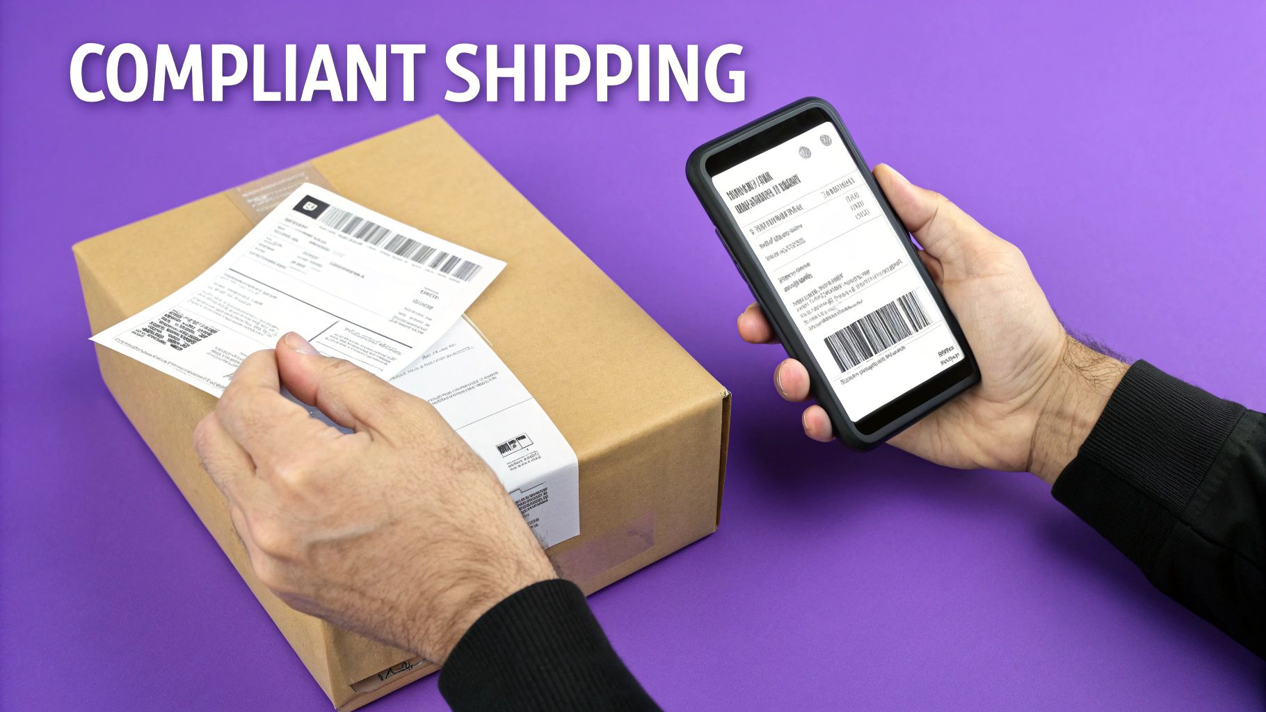 A person carefully placing a shipping label on a box filled with hemp products, with a clipboard showing a checklist nearby.