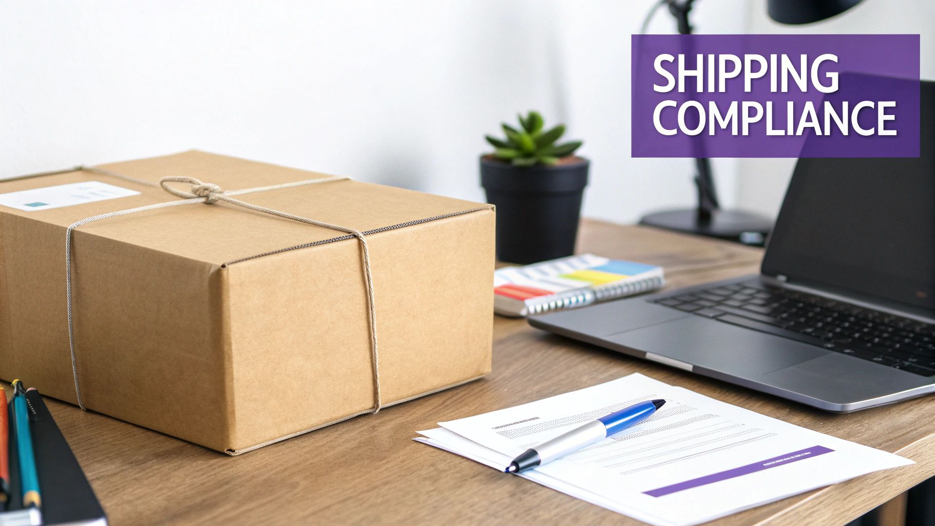 A person carefully packing a box with hemp products, surrounded by shipping labels and compliance documents.