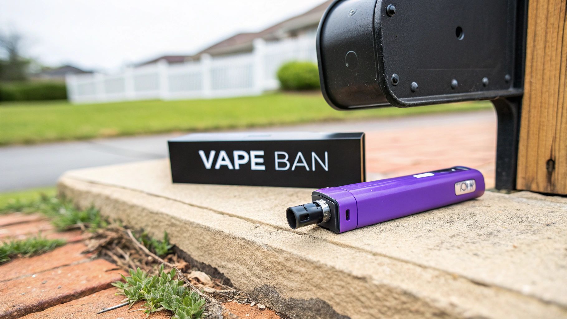 A shipping box with a 'Prohibited Items' warning sticker, with a vape pen icon crossed out
