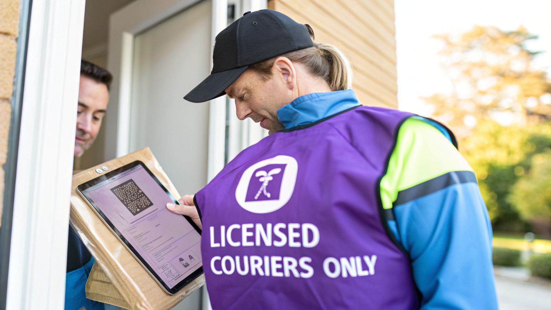A delivery driver handing a package to a person at their front door, representing regulated delivery in Massachusetts.