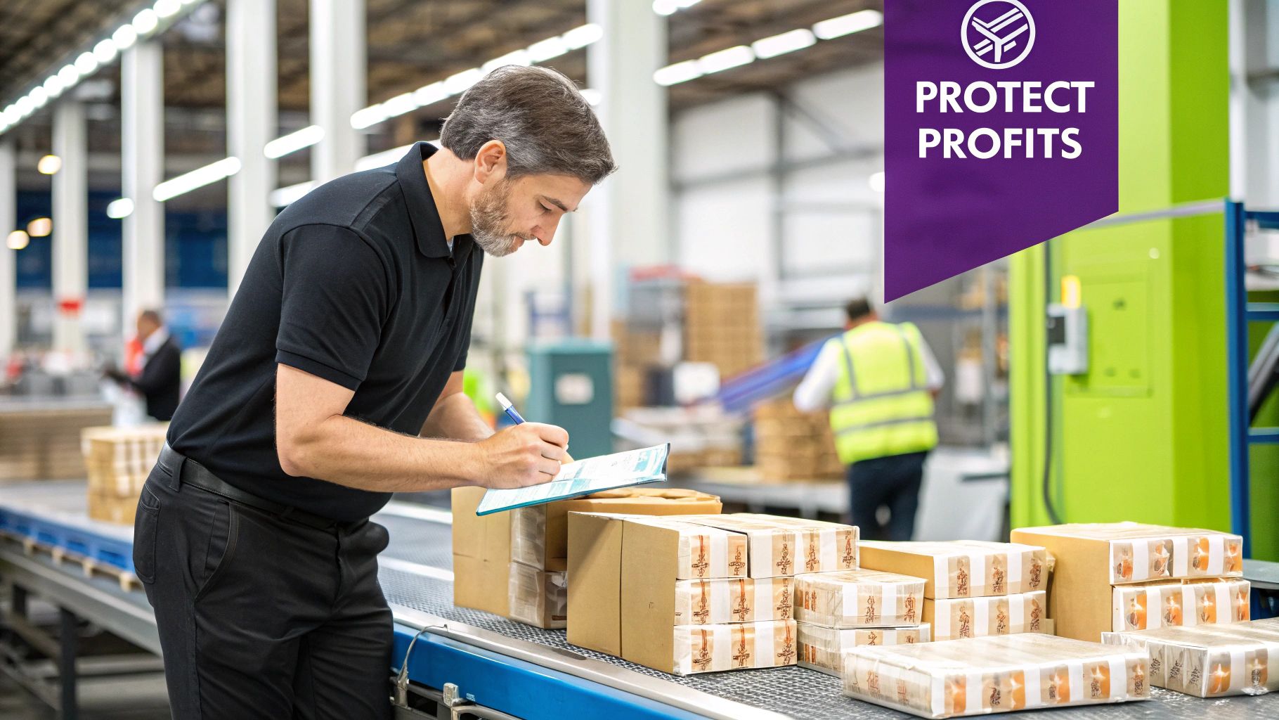 A warehouse worker carefully packing a product bundle into a shipping box.