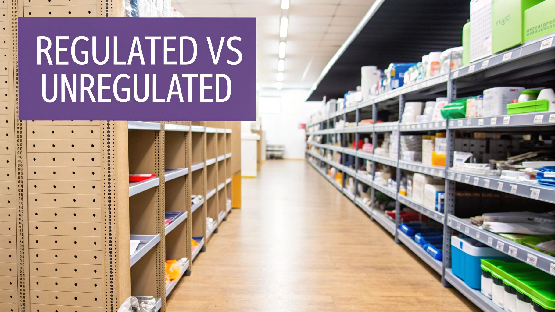 An image showing a licensed cannabis dispensary counter on one side and an online shop on a laptop on the other, representing the regulated vs unregulated markets.