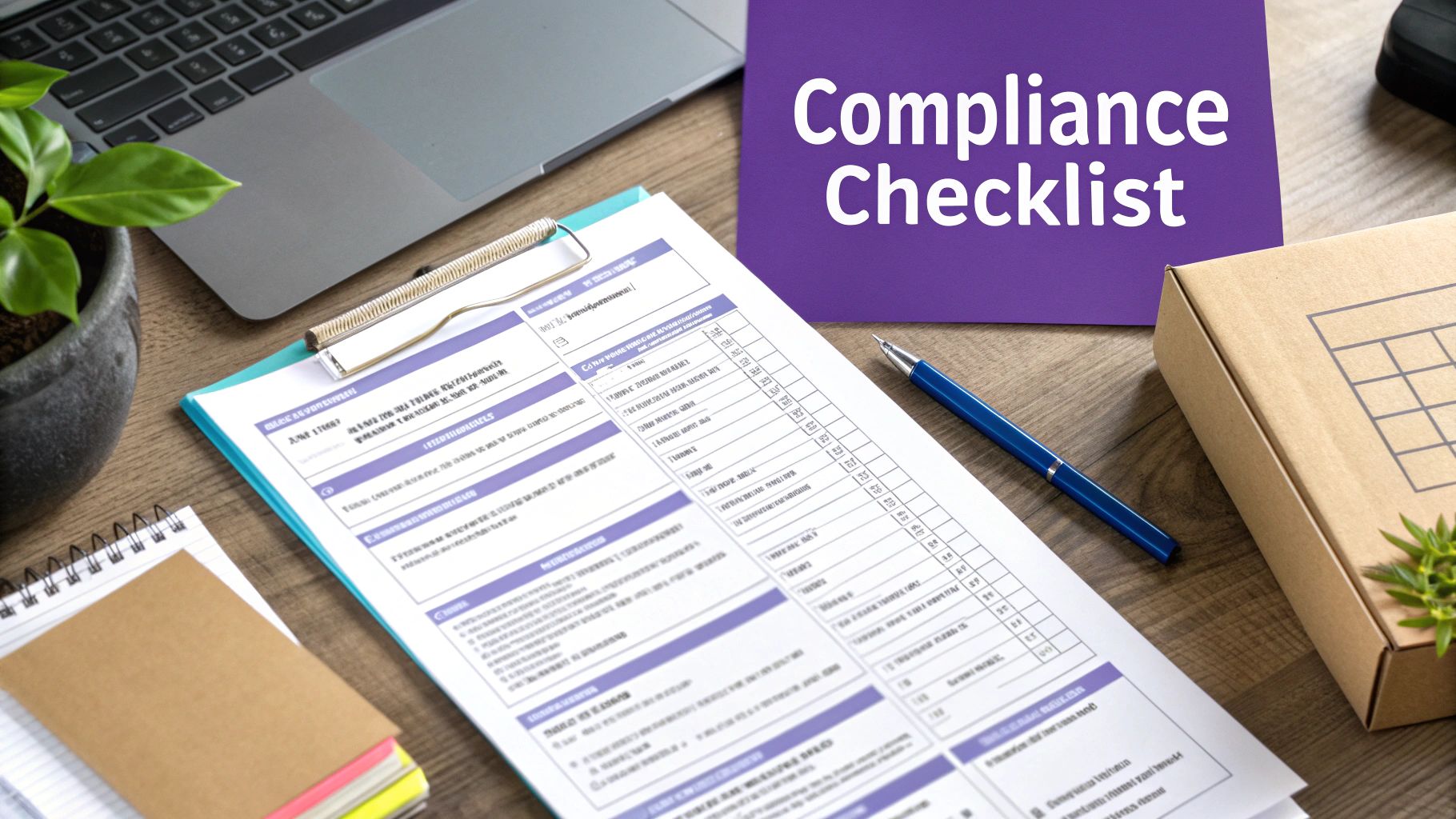 A checklist on a clipboard next to a neatly packed box containing hemp products, with a Certificate of Analysis visible, ready for shipping in North Carolina.