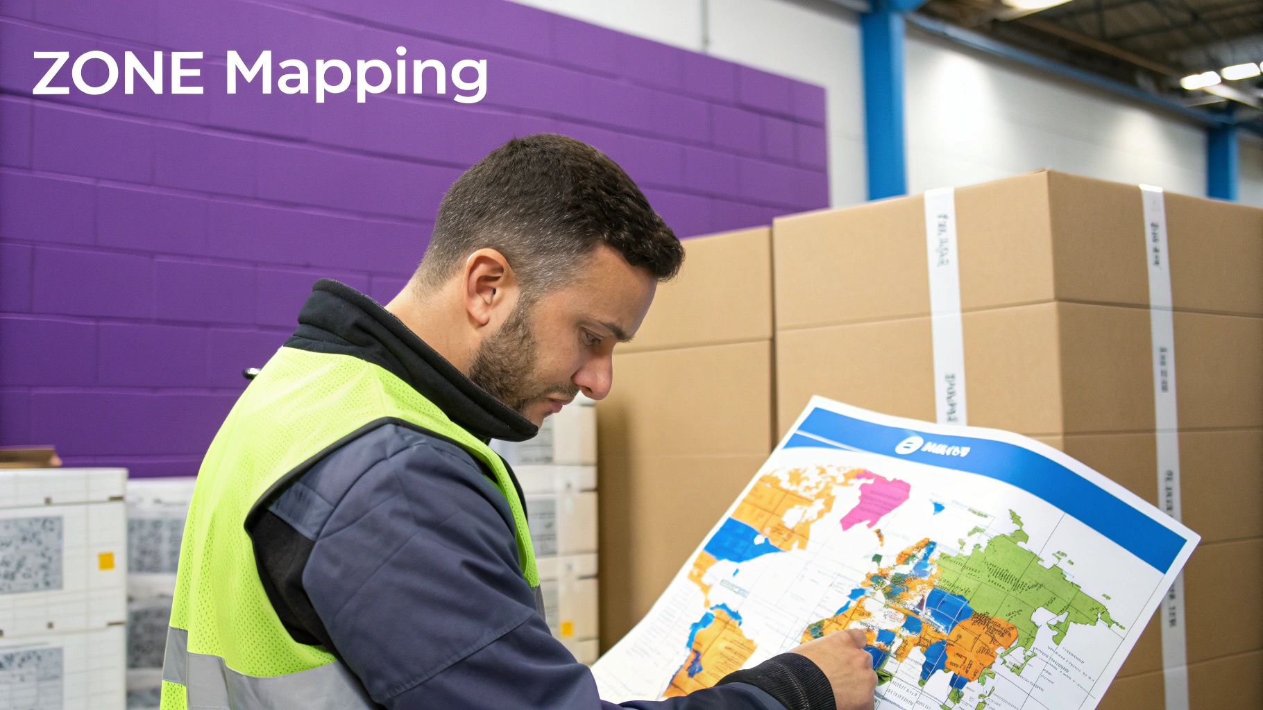 A map with location pins highlighting different shipping zones.