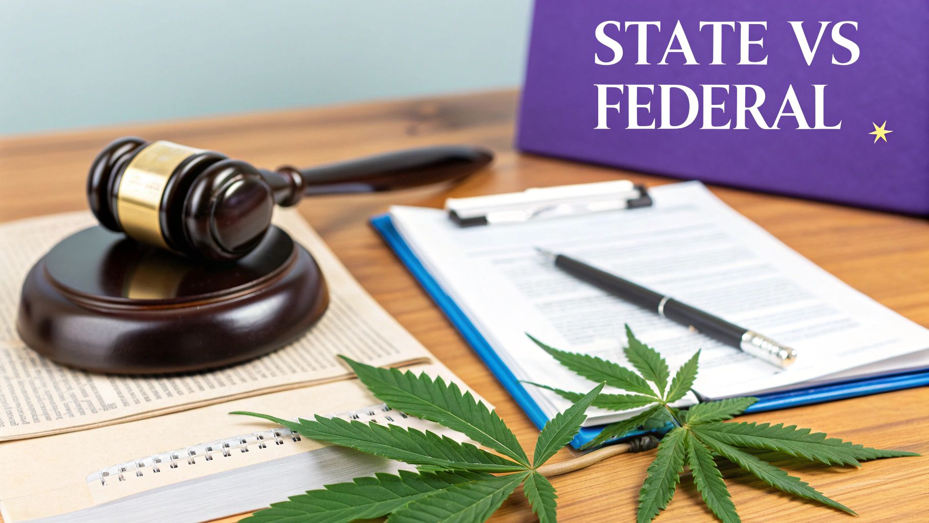 A split image showing a federal building on one side and the state of Michigan on the other, representing the two layers of law.