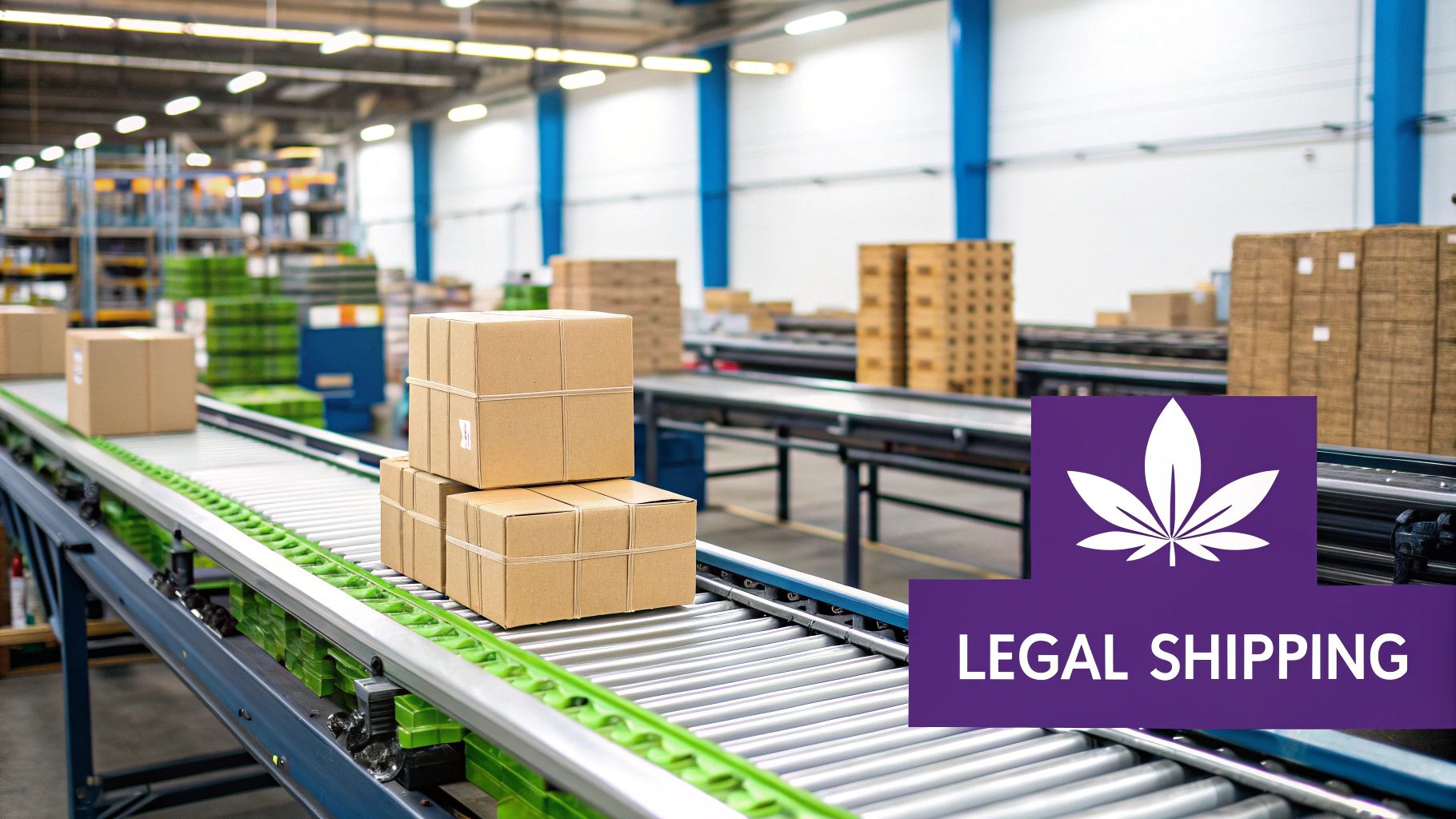 A person carefully packing a box with CBD products, with shipping labels and hemp leaves visible nearby, symbolizing legal shipping compliance.