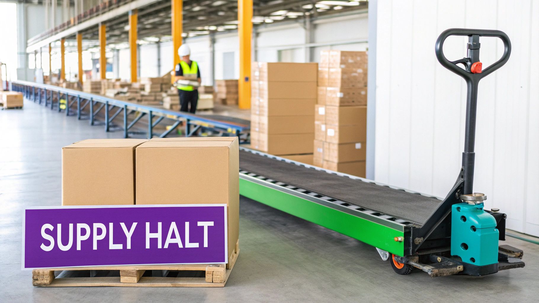 Warehouse worker looking stressed amidst boxes and shipping supplies