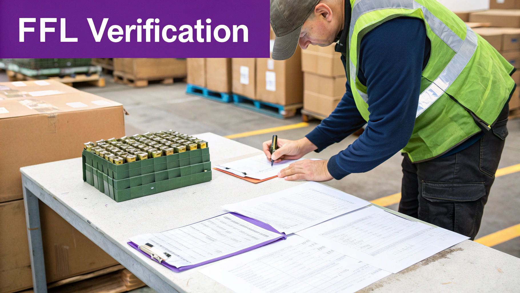 An FFL dealer inspecting a document, symbolizing the verification and compliance process in ammunition sales.