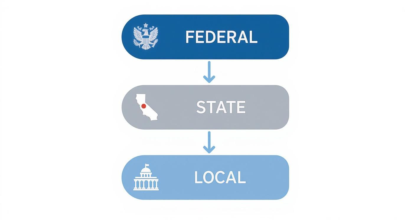 An infographic visualizing the vertical stack of federal, state, and local ammunition laws that e-commerce stores must navigate.