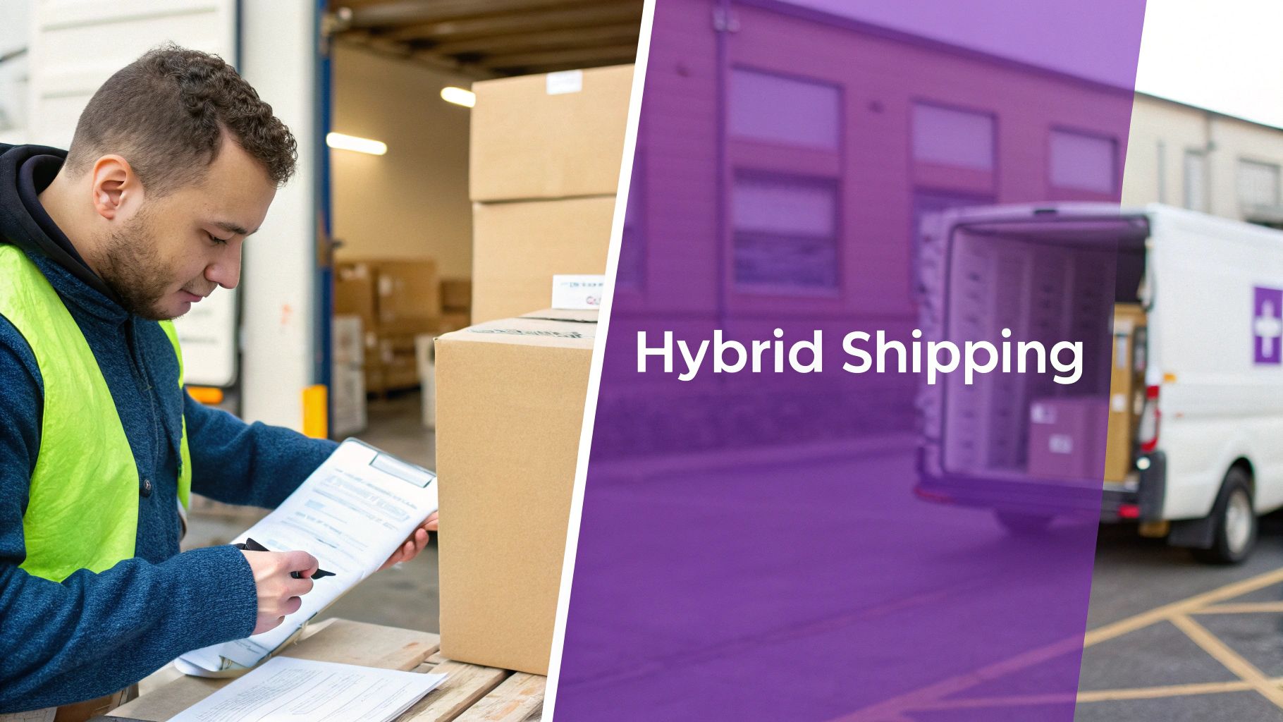 A person at a computer managing shipping logistics for an online store, with shipping boxes in the background.