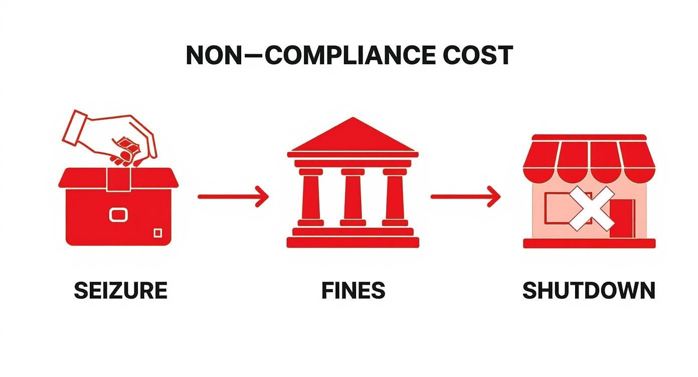 An infographic showing the process flow of non-compliance costs, starting with seizure, then fines, and finally a business shutdown.