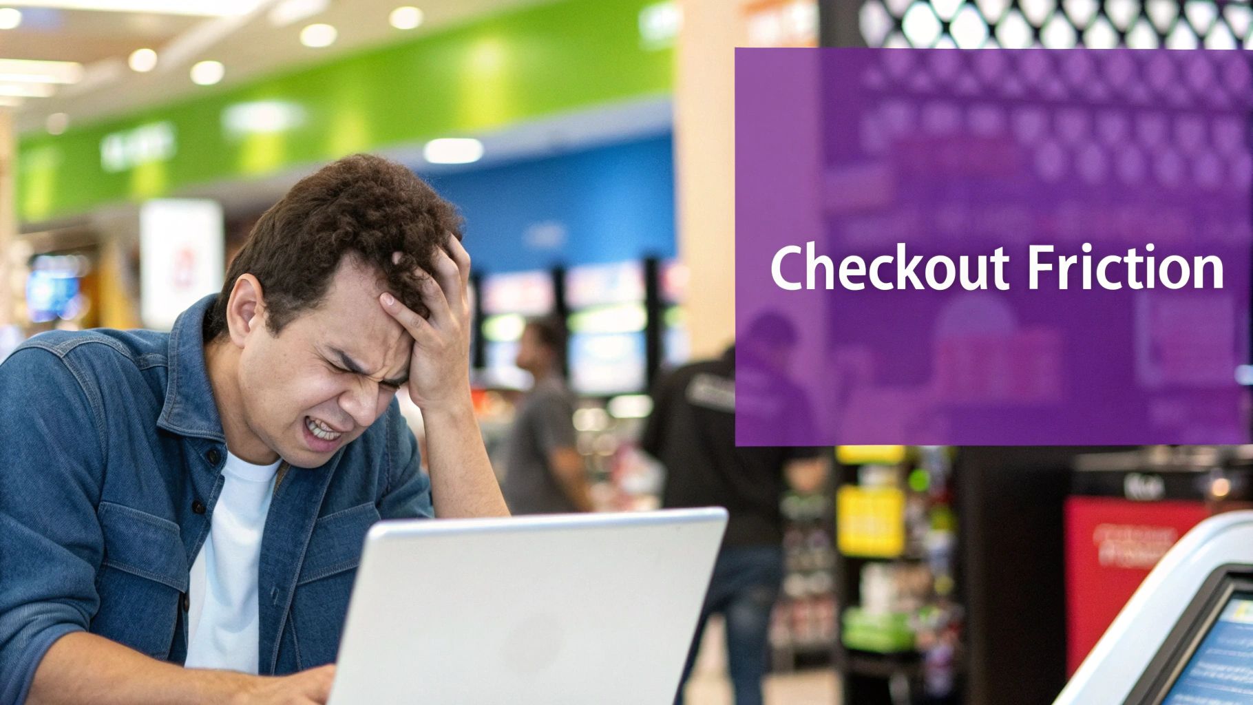 A person frustrated at a computer showing a checkout error.