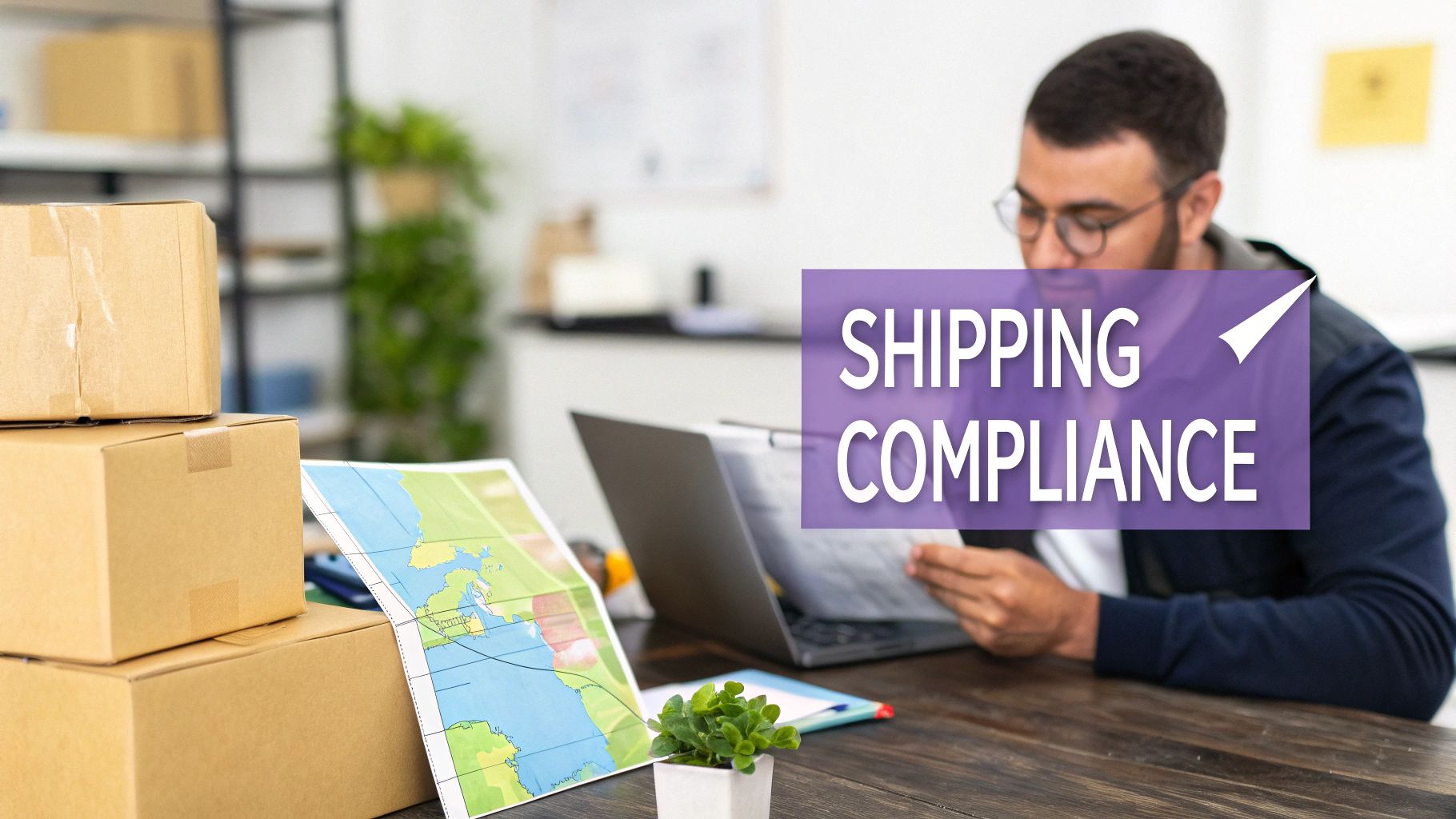 A person using a laptop to manage ecommerce shipping logistics, with boxes and a globe in the background.