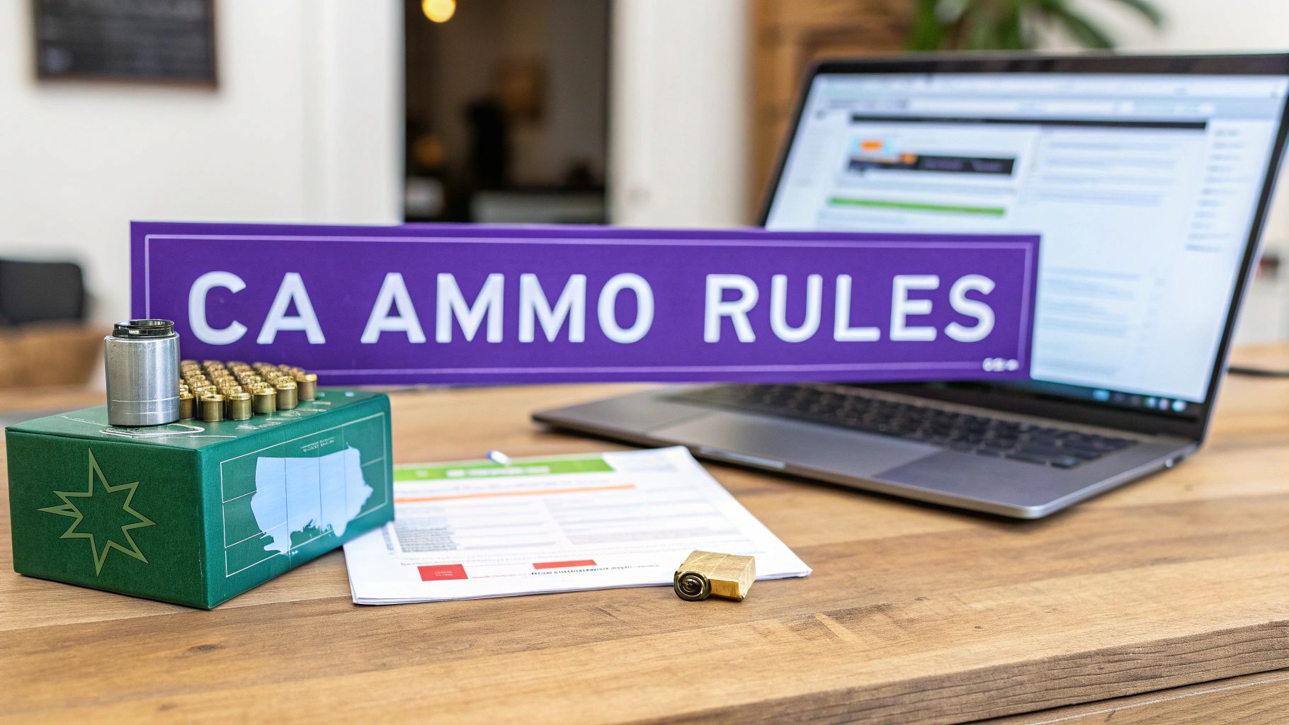 A box of ammunition on a wooden surface, representing the products subject to California's shipping laws.