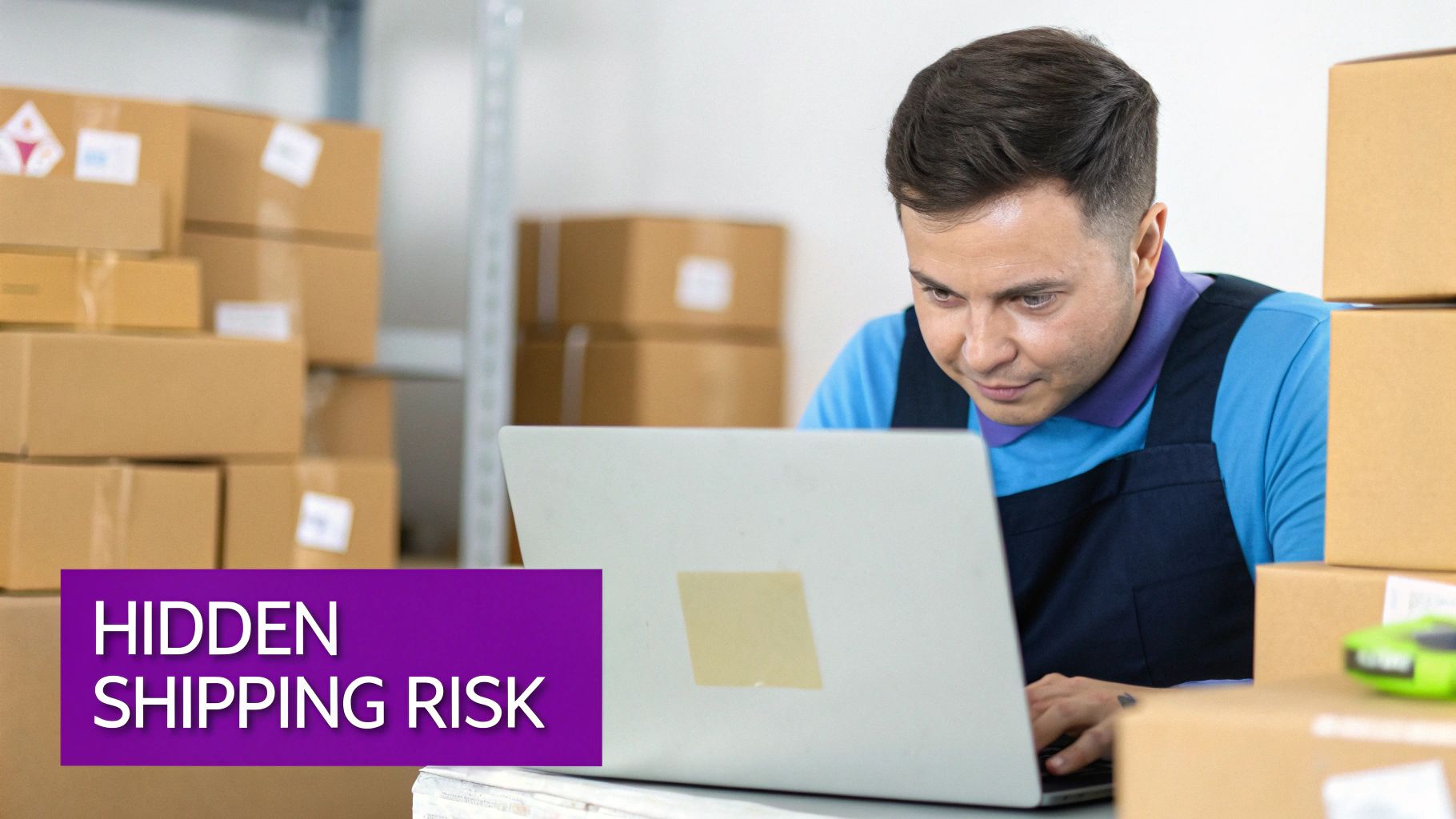 A person looking concerned at a shipping warehouse with warning signs.