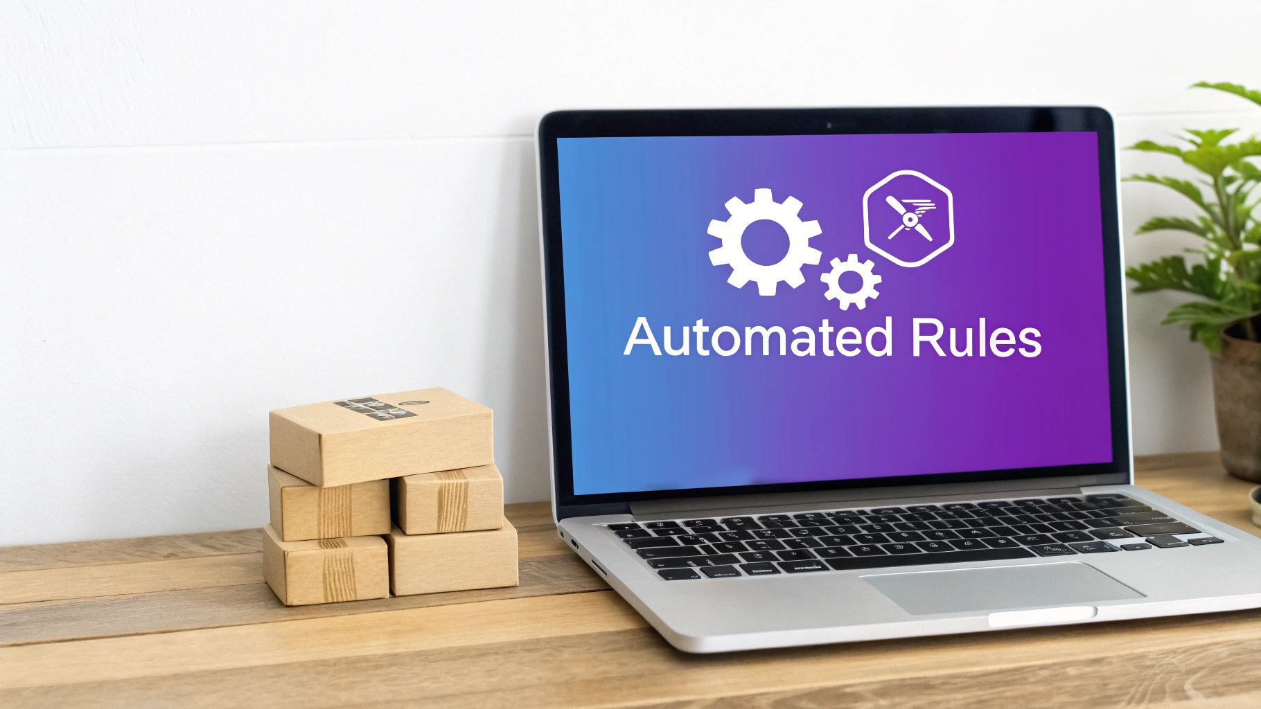 Laptop displaying automated rules with gears icon and shipping packages on wooden desk