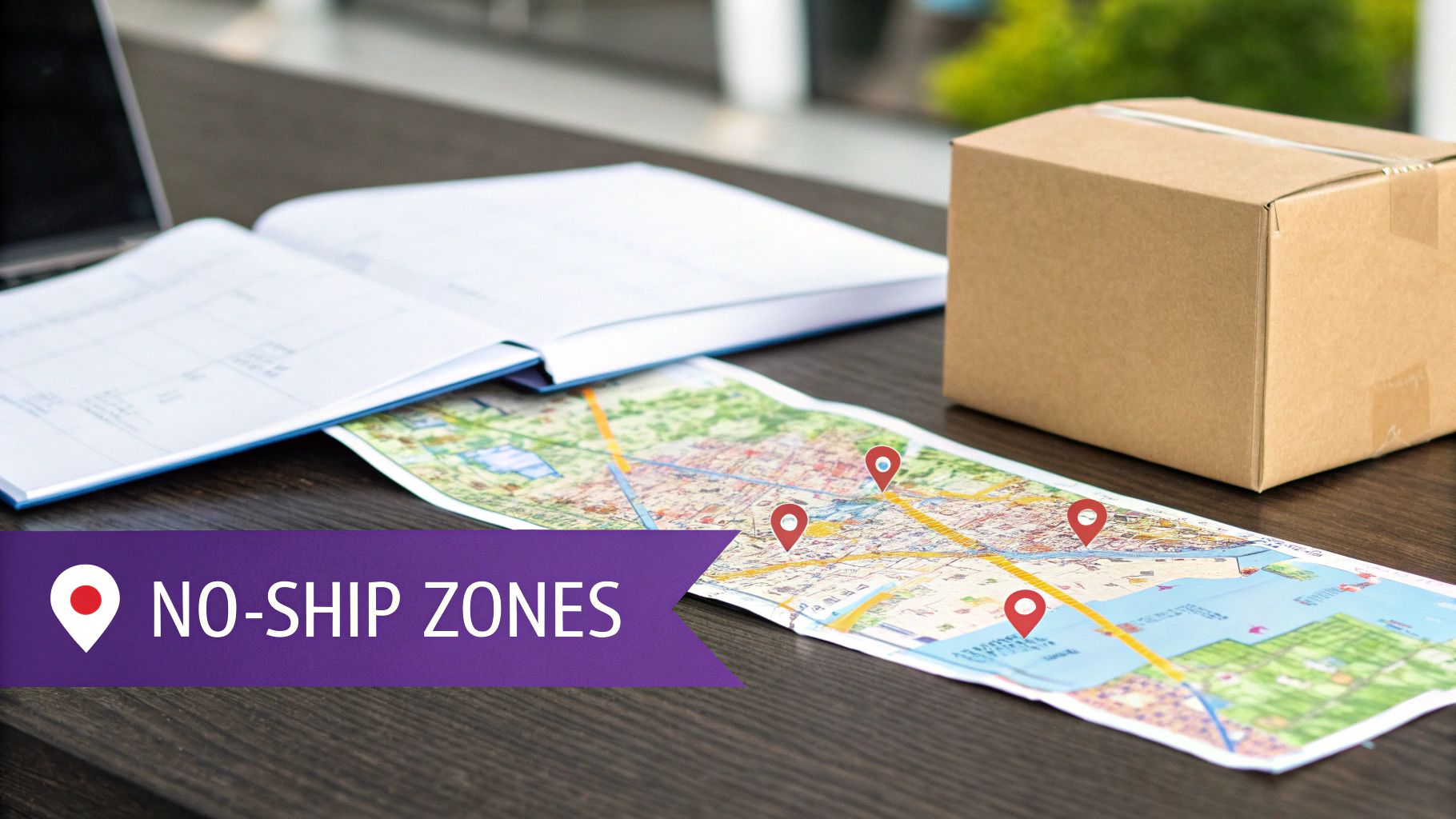 Map with location pins and cardboard box illustrating no-ship zones for restricted delivery areas