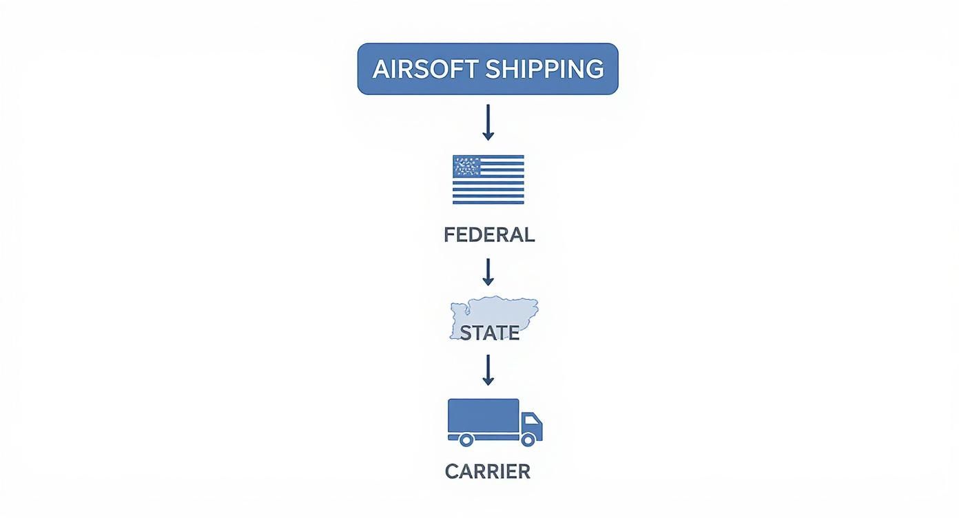 Airsoft shipping process flowchart showing federal, state, and carrier regulations hierarchy