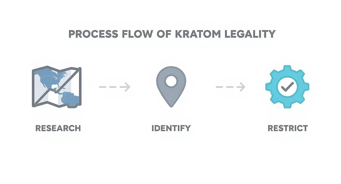 Infographic detailing a three-step process for Kratom compliance: Researching laws with a map icon, Identifying restricted locations with a pin icon, and Restricting shipments with a gear icon.