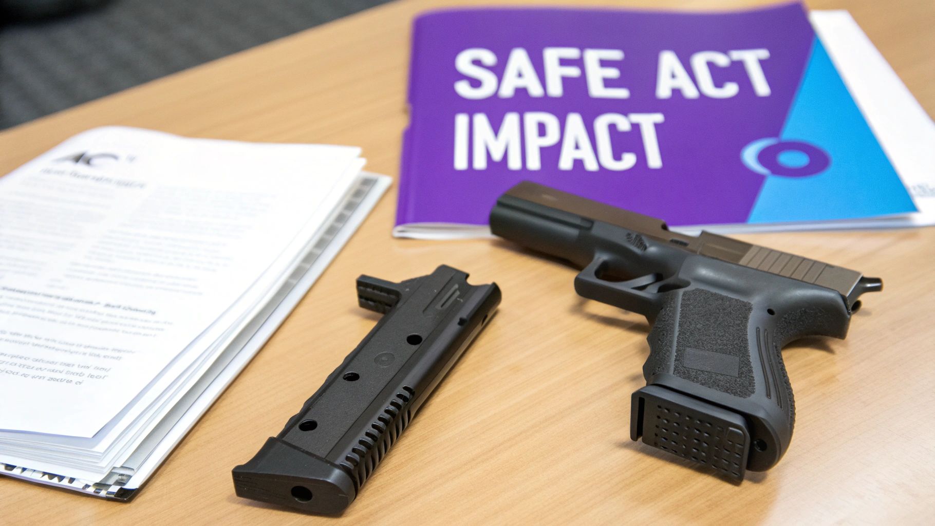 A gavel resting on a law book with the New York state capitol building visible in the background.
