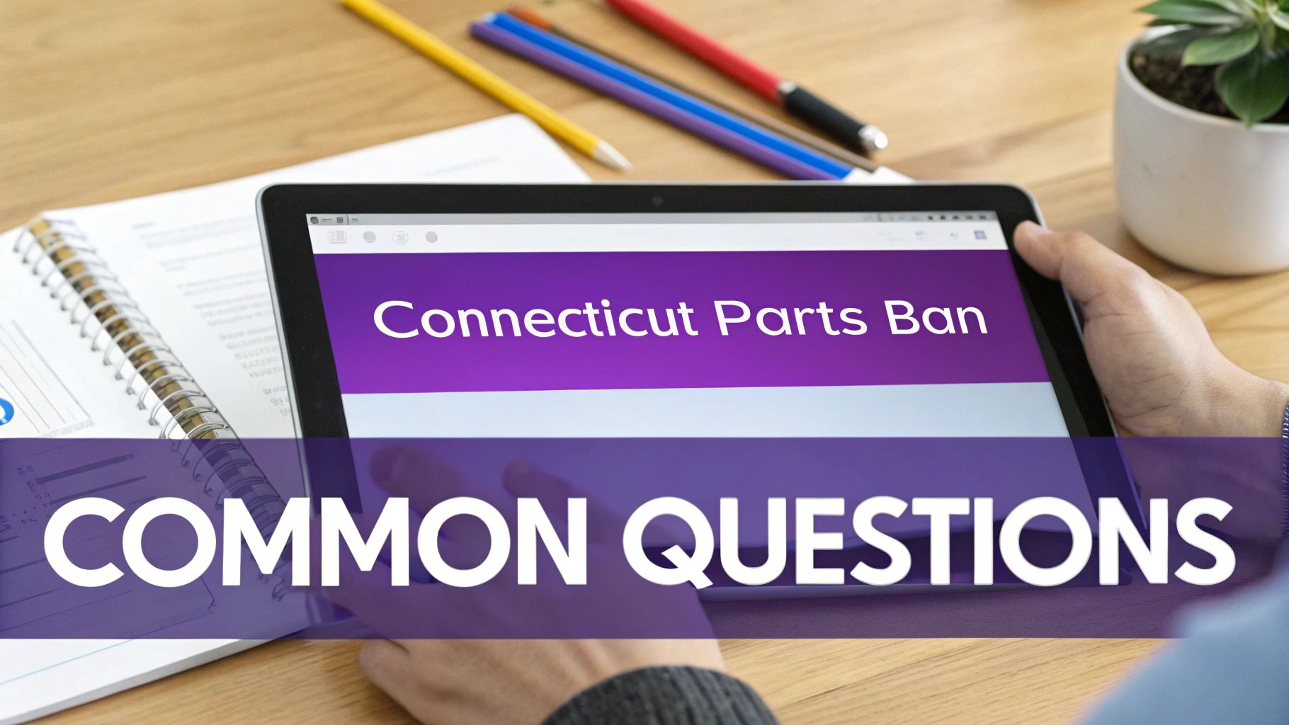 Person holds a tablet displaying 'Connecticut Parts Ban' with a 'COMMON QUESTIONS' overlay.
