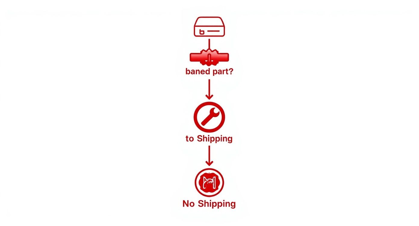Red flowchart illustrating a process for checking banned parts, leading to shipping or no shipping.