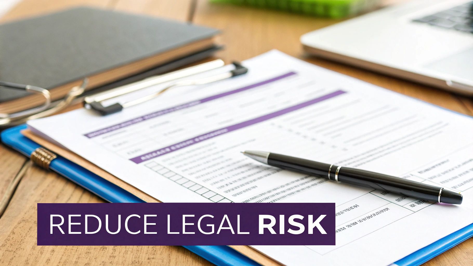 A magnifying glass hovering over a legal document, symbolizing the scrutiny of compliance and risk management.