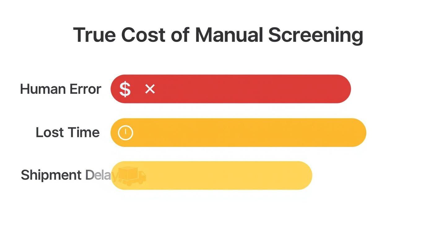 Infographic showing the high costs of manual screening due to human error, lost time, and shipment delays.
