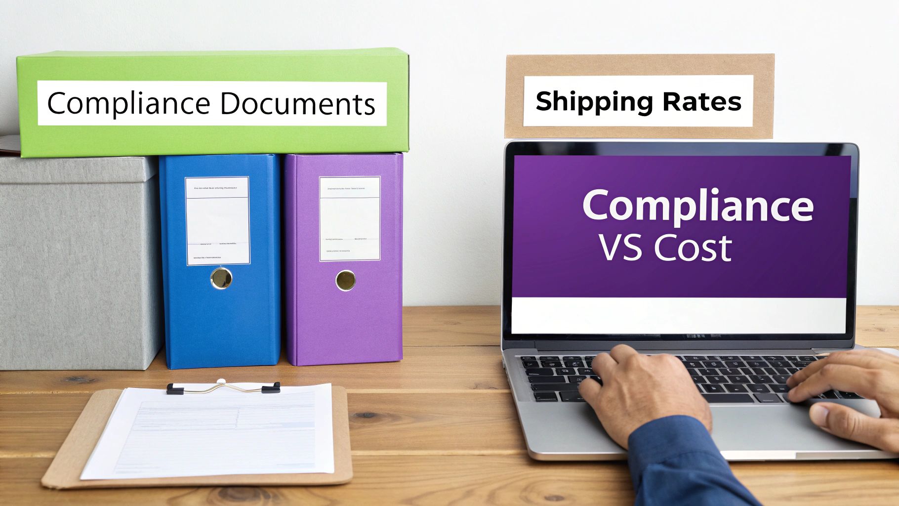 A person using a laptop to manage inventory and shipping for an online store, with shipping boxes in the background.