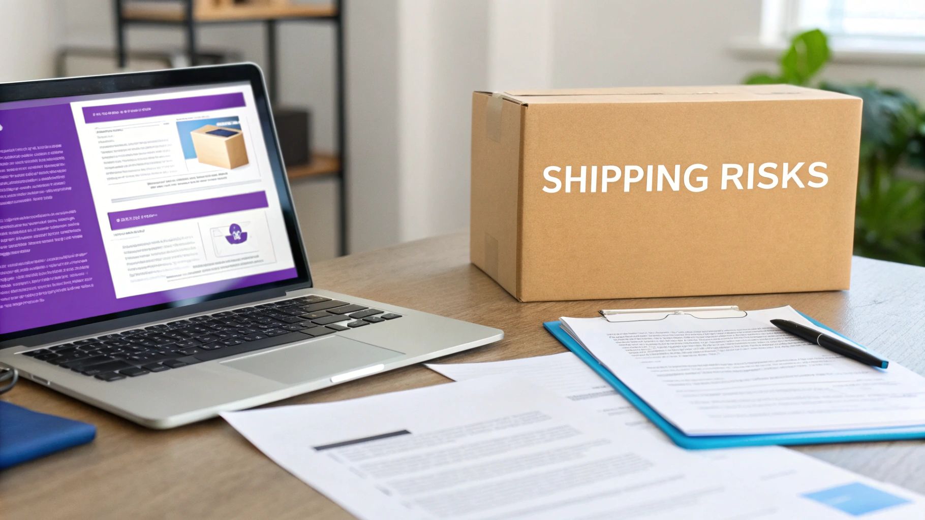 Shipping risks cardboard box on desk with laptop displaying compliance documentation and paperwork