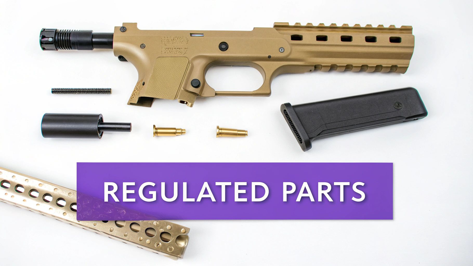 Disassembled firearm components and parts laid out with regulated parts text overlay banner