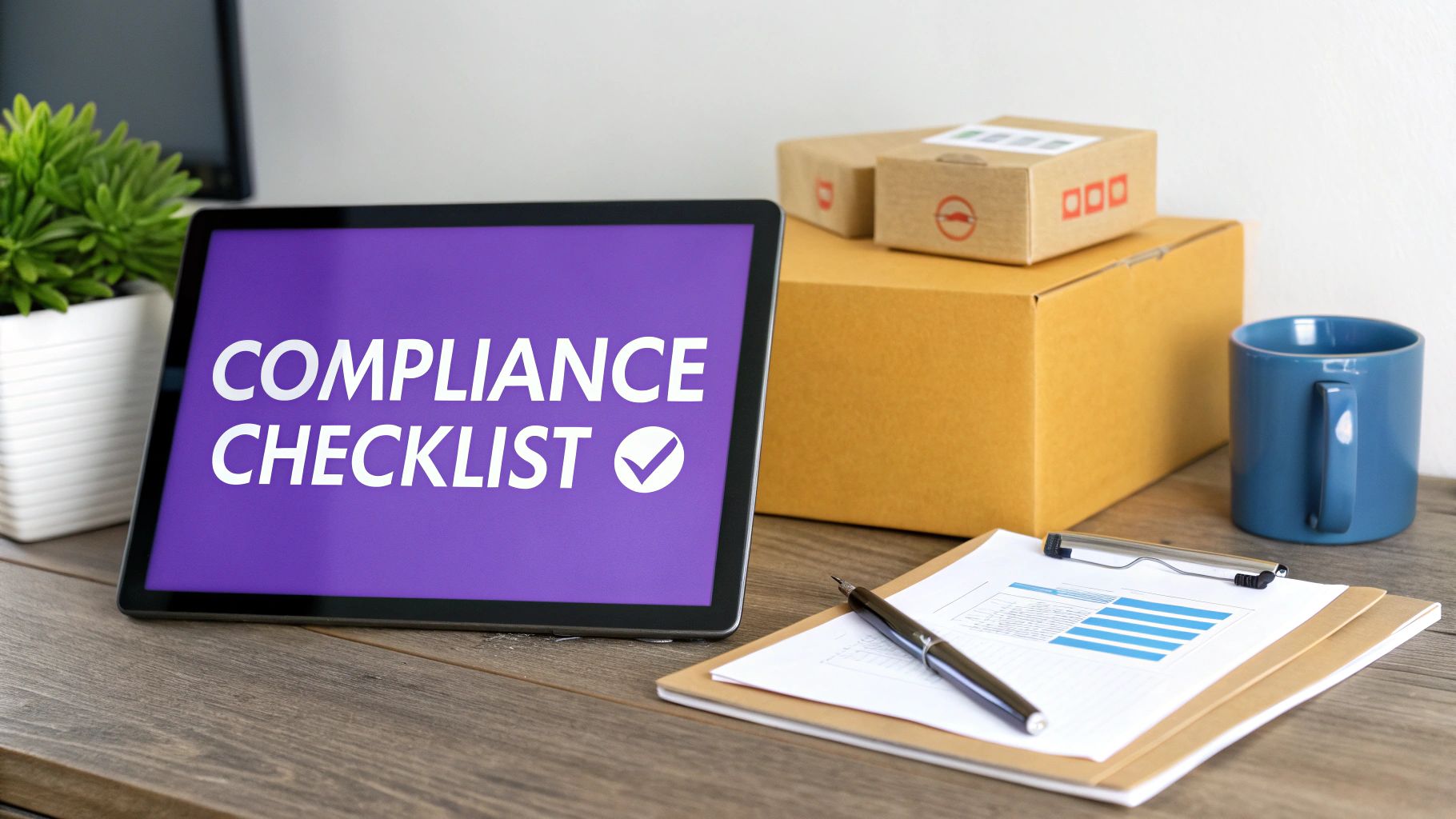 A tablet displaying 'COMPLIANCE CHECKLIST' on a desk with shipping boxes, a blue mug, and documents.