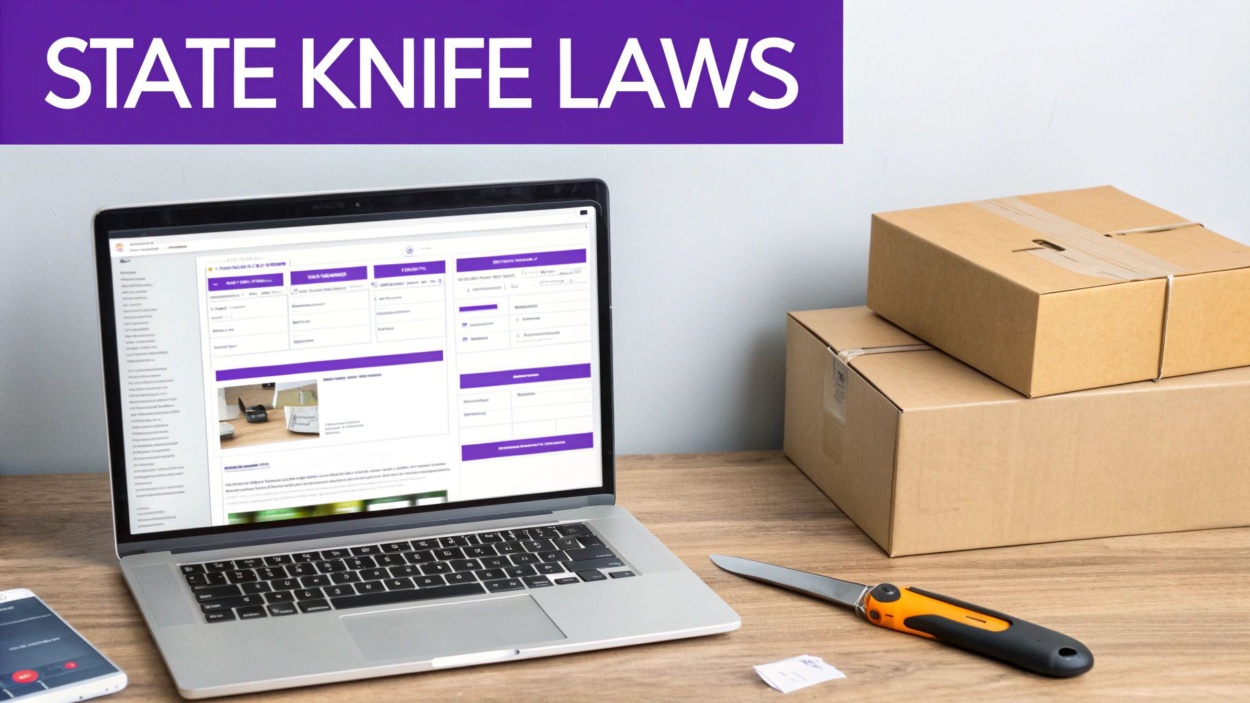 A desk setup with a laptop showing 'STATE KNIFE LAWS', cardboard boxes, and a utility knife.