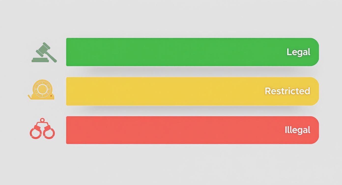 Infographic showing legal (green, gavel), restricted (yellow, tape measure), and illegal (red, handcuffs) classifications.