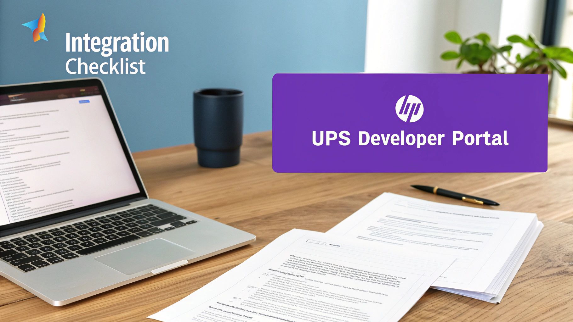 UPS Developer Portal integration checklist displayed on laptop with documents on wooden desk