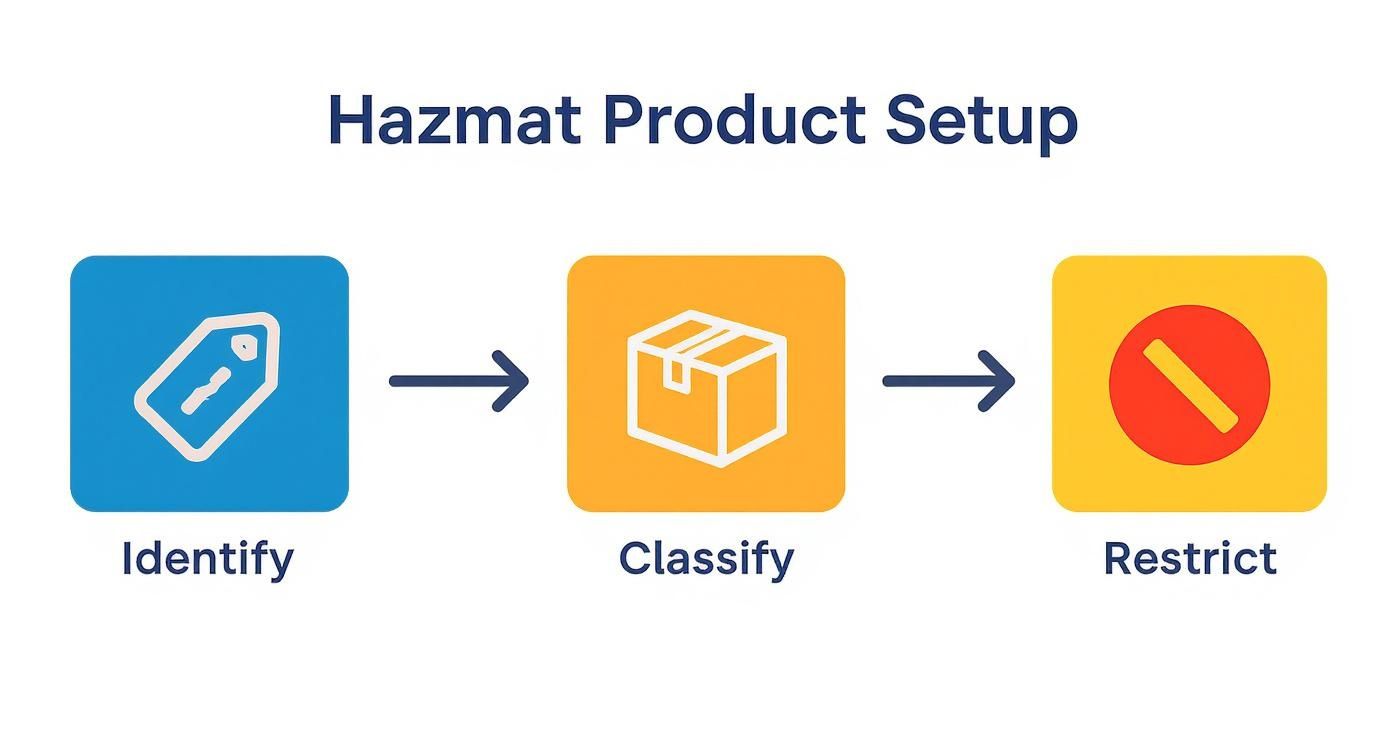 Three-step hazmat product setup workflow showing identify, classify, and restrict stages with icons
