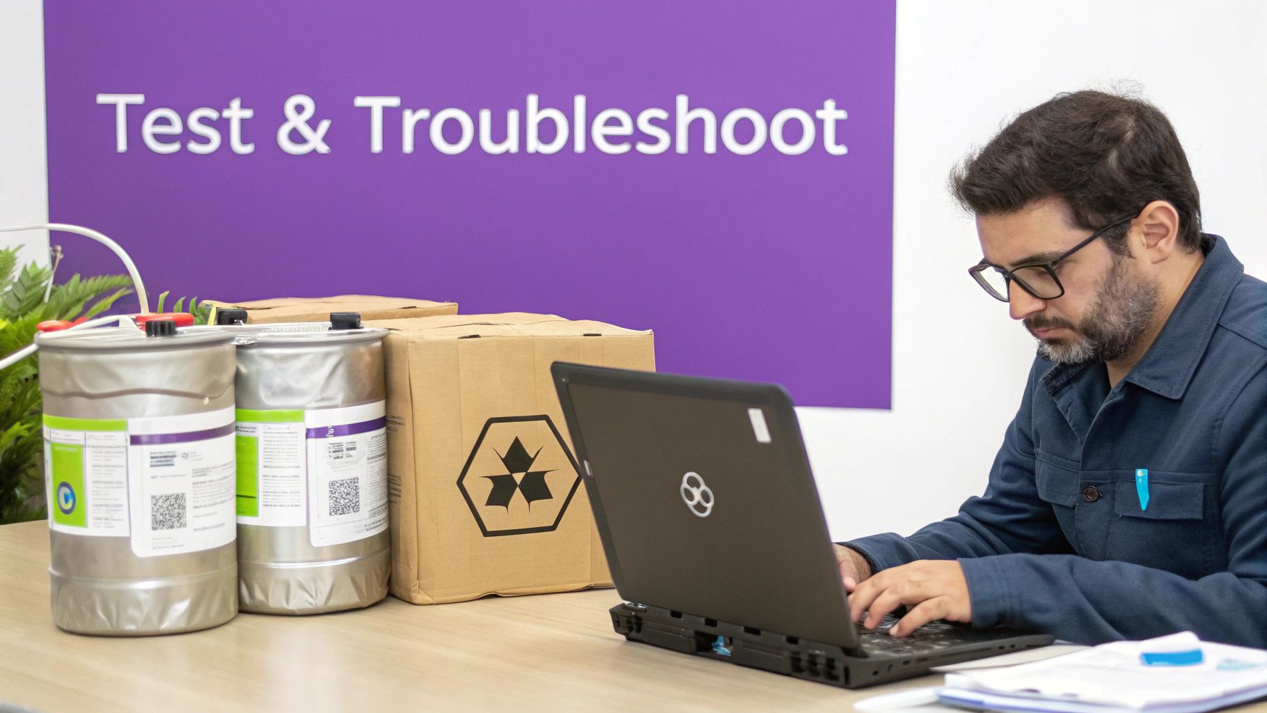 Technician troubleshooting hazardous materials shipment on laptop at testing and troubleshooting workstation