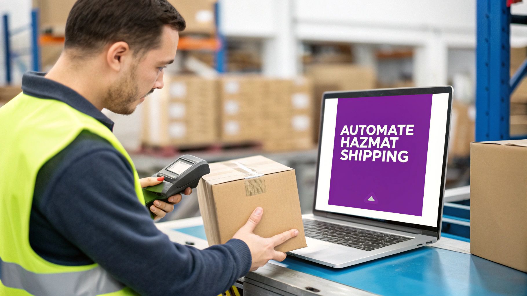 Warehouse worker scanning hazardous materials package with barcode scanner for automated hazmat shipping compliance