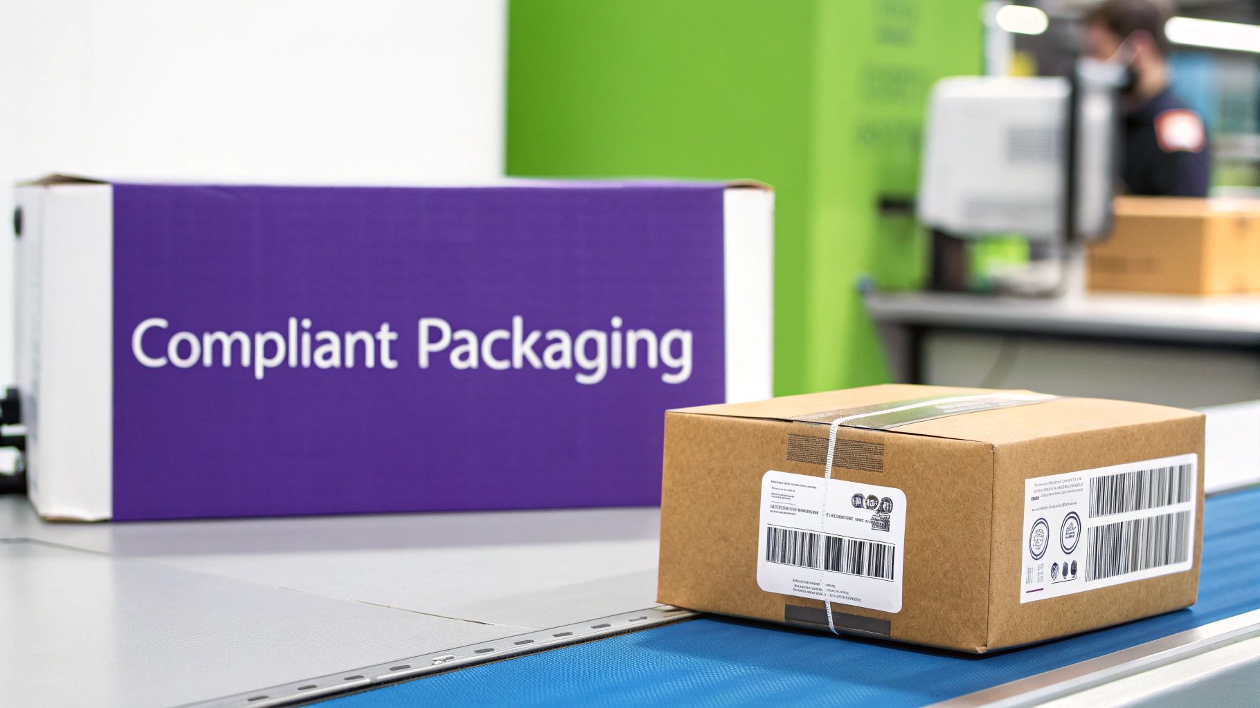 A brown package on a blue conveyor belt, with a purple box labeled 'Compliant Packaging' in the background.