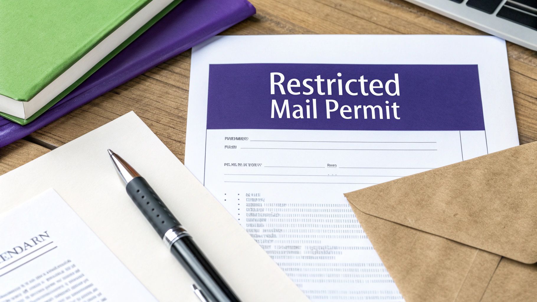 A 'Restricted Mail Permit' document on a wooden desk with a pen, books, envelope, and laptop.