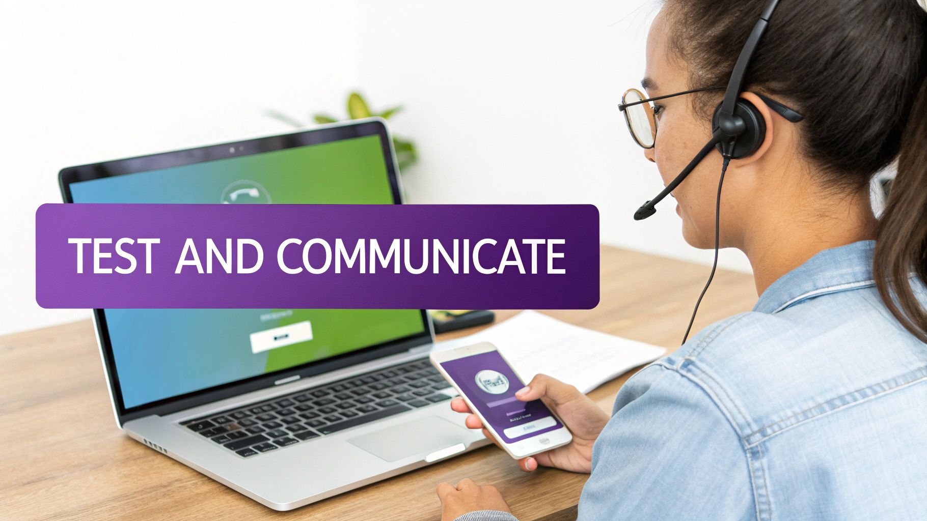 Customer service representative wearing headset testing communication software on laptop and smartphone