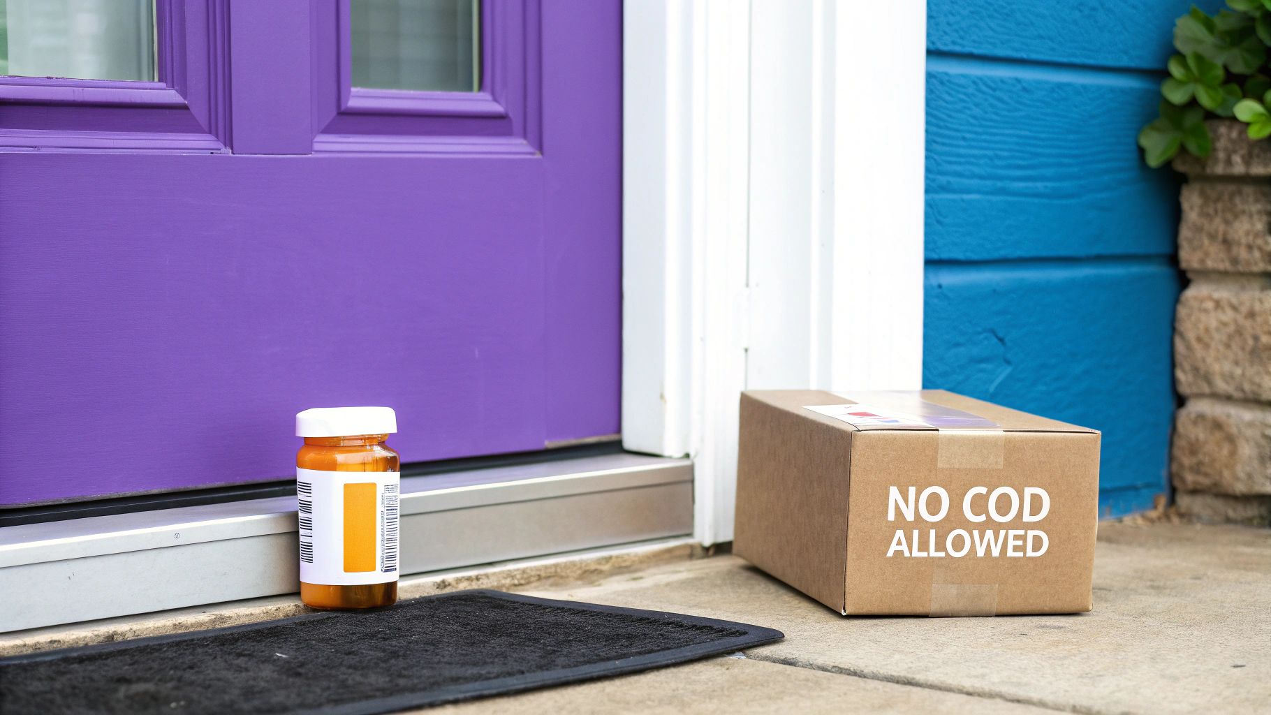 Prescription medication bottle and cardboard box marked no COD allowed on residential doorstep