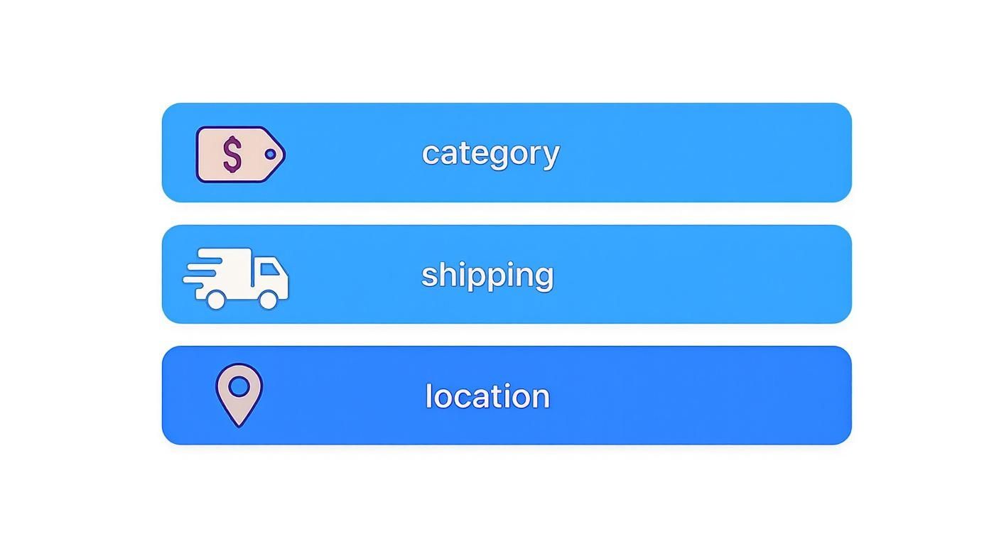 Three blue buttons showing category tag icon, shipping truck icon, and location pin icon for WooCommerce settings