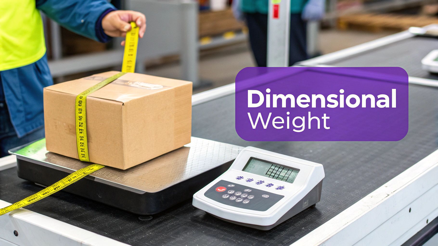 A worker measures a brown box on a scale with a tape measure, calculating dimensional weight.