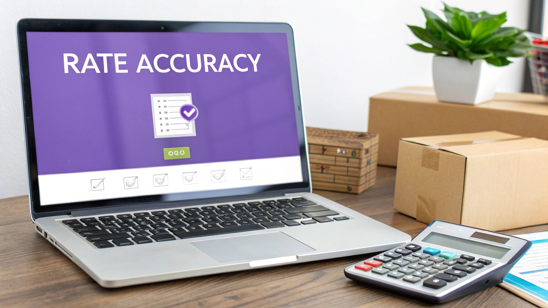 Laptop screen showing 'RATE ACCURACY' with a checklist icon, next to shipping boxes and a calculator.
