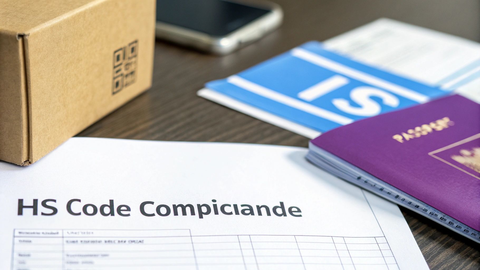 A document titled 'HS Code Comiciande' (likely Compliance) with a shipping box, passport, and folder on a desk.