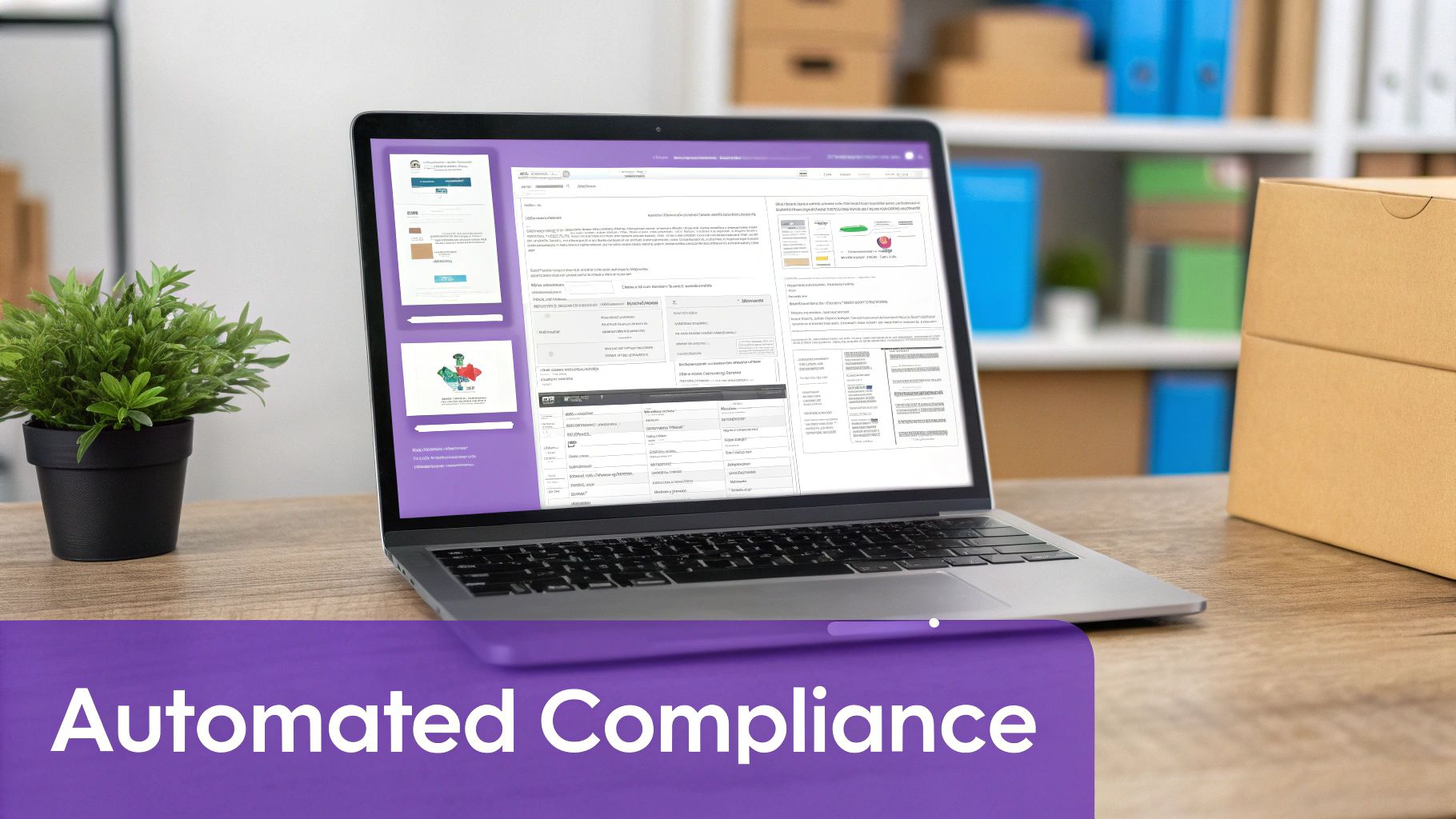 Laptop displaying automated compliance software on a desk with a plant, boxes, and office shelves.